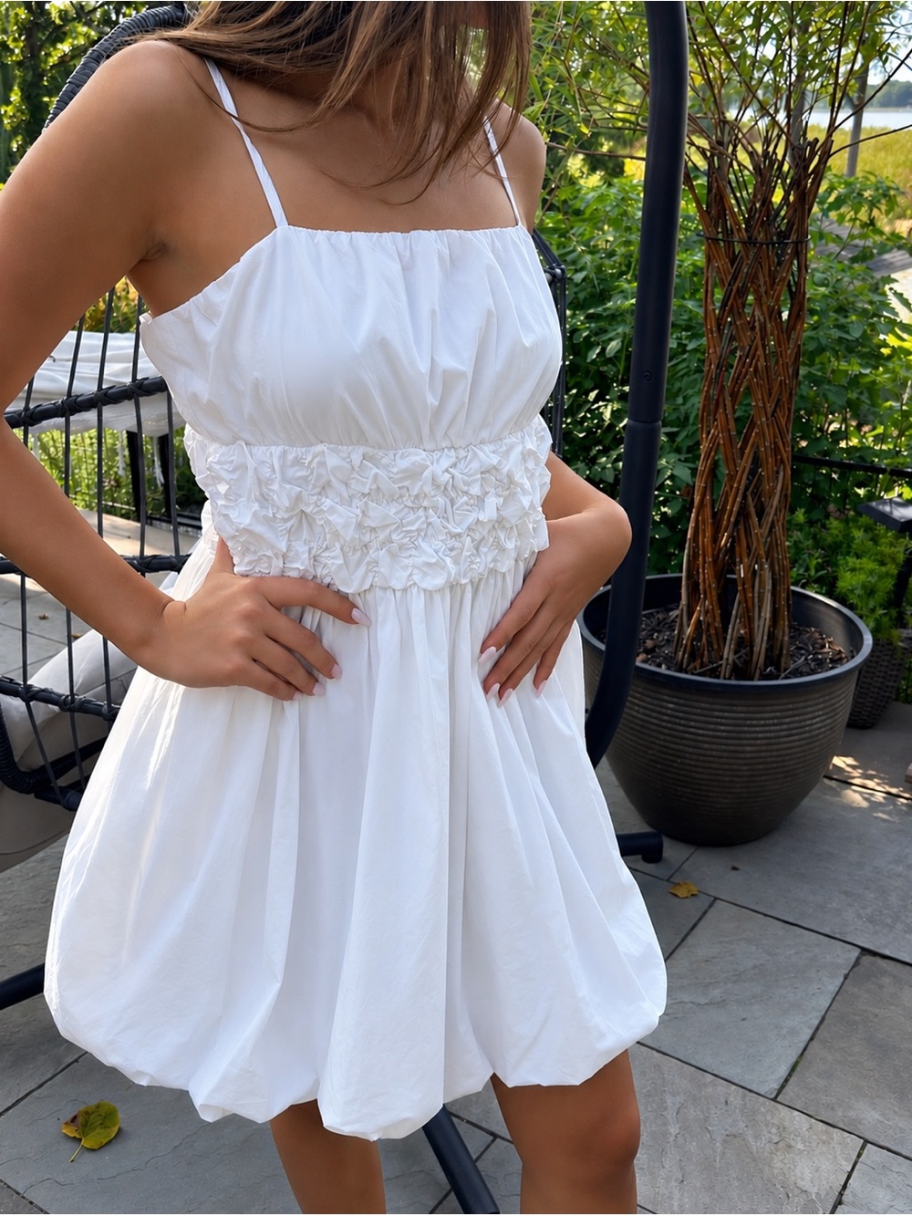 NWT PINCH White Bubble Hem Mini Dress Ruched Waist Size L - Picture 1 of 13